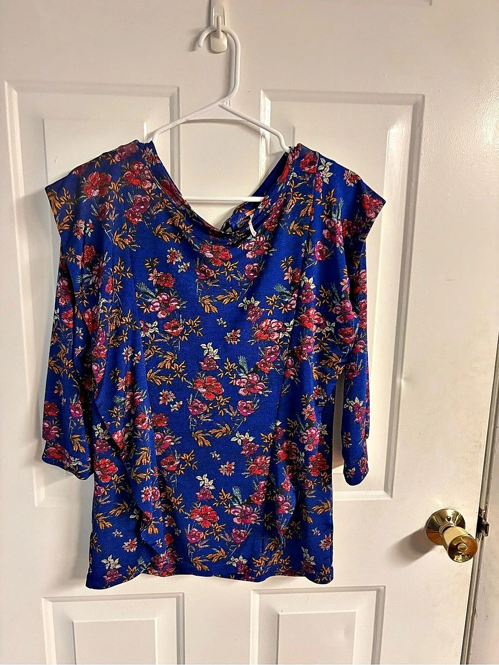 Free People Dock Street Ruffle Top Blue Floral Metallic Knit Blouse Size M